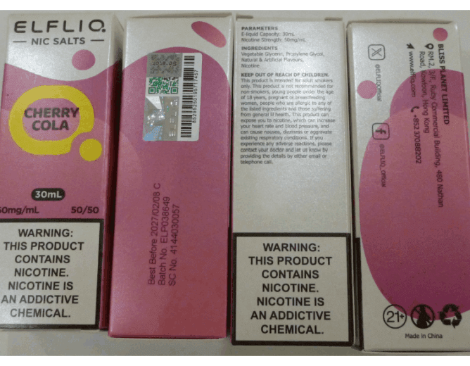 Nebezpečný výrobek: náplně do elektronických cigaret zn. ELFLIQ NIC SALTS, NICOTINE 50 mg/ml, 30 ml