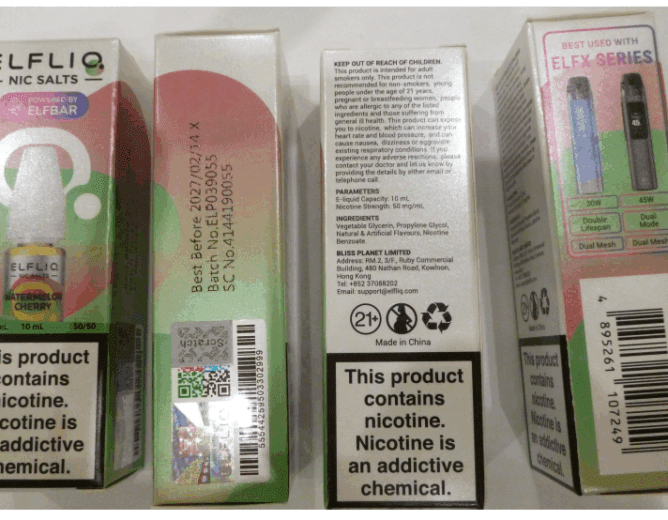 Nebezpečný výrobek: Náplně do elektronických cigaret zn. ELFLIQ NIC SALTS, NICOTINE 50 mg/ml, 10 ml (na přední straně s vyobrazenou lahvičkou)