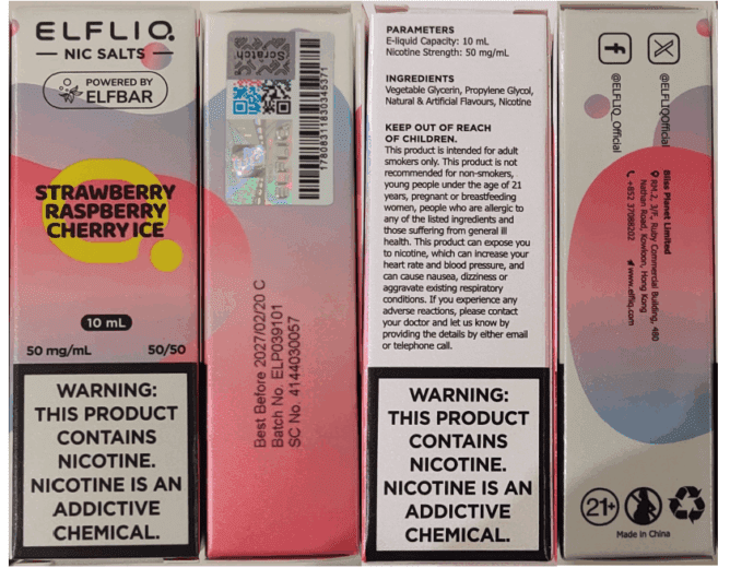 Nebezpečný výrobek: Náplně do elektronických cigaret zn. ELFLIQ NIC SALTS, NICOTINE 50 mg/ml, 10 ml