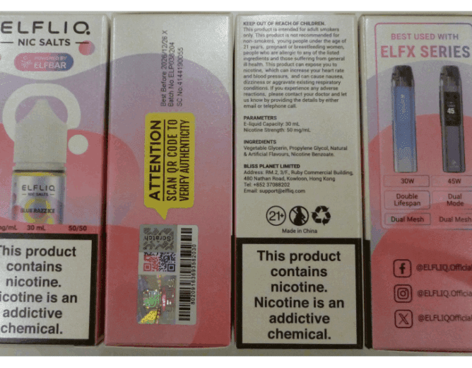 Nebezpečný výrobek: náhradní náplně do elektronických cigaret zn. ELFLIQ NIC SALTS, NICOTINE 50 mg/ml, 30 ml, s vyobrazenou lahvičkou