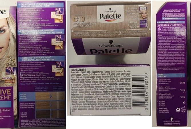 Nebezpečný výrobek: Barva na vlasy Schwarzkopf, Palette, INTENSIVE COLOR CREME, LIGHTENER, C10 LEDOVÝ STŘÍBŘITĚ PLAVÝ 10-1