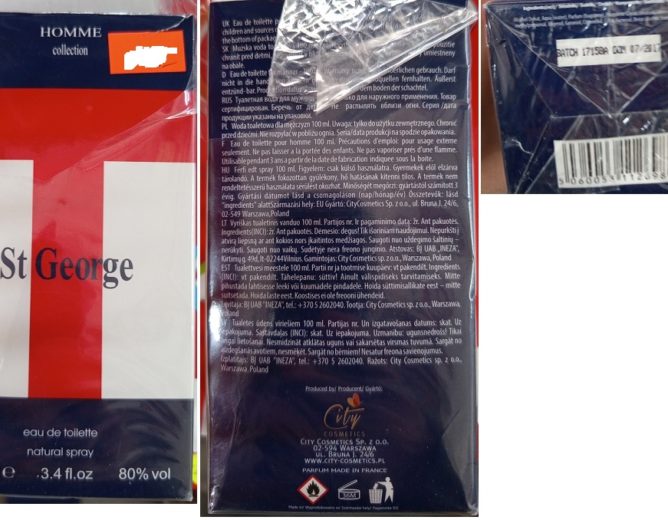 Nebezpečný výrobek: Toaletní voda HOMME collection, St George, eau de toilette natural spray