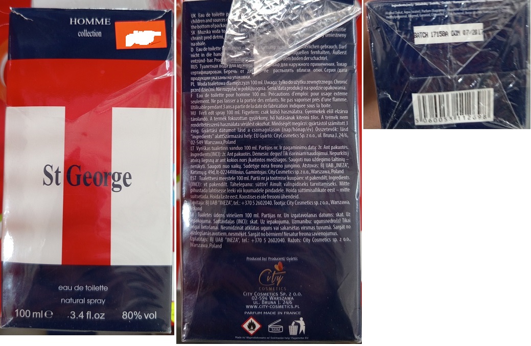 Nebezpečný výrobek: Toaletní voda HOMME collection, St George, eau de toilette natural spray