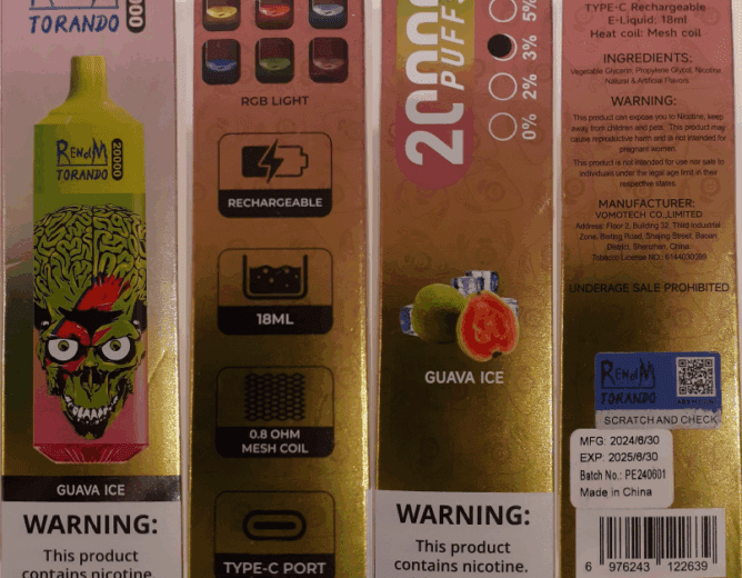 Nebezpečný výrobek: Jednorázová elektronická cigareta zn. RENdM TORNADO 20000 PUFFS, NICOTINE 3 %, 18 ml, Guava Ice