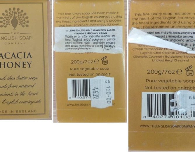 NEBEZPEČNÝ VÝROBEK: Tuhé toaletní mýdlo THE ENGLISH SOAP COMPANY, ACACIA HONEY