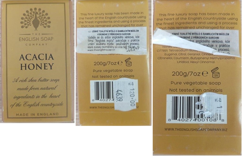 NEBEZPEČNÝ VÝROBEK: Tuhé toaletní mýdlo THE ENGLISH SOAP COMPANY, ACACIA HONEY