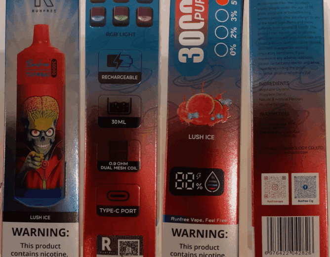 Nebezpečný výrobek: Jednorázová elektronická cigareta zn. RUNFREE TORNADO 30000 PUFFS, NICOTINE 5 %, 30 ml, Lush Ice
