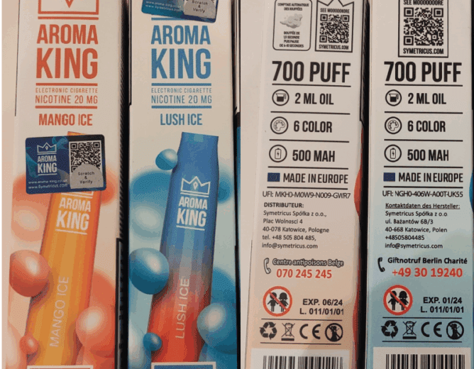 NEBEZPEČNÝ VÝROBEK: Jednorázová elektronická cigareta zn. AROMA KING, 700 PUFF, NICOTINE 20 mg, 2 ml