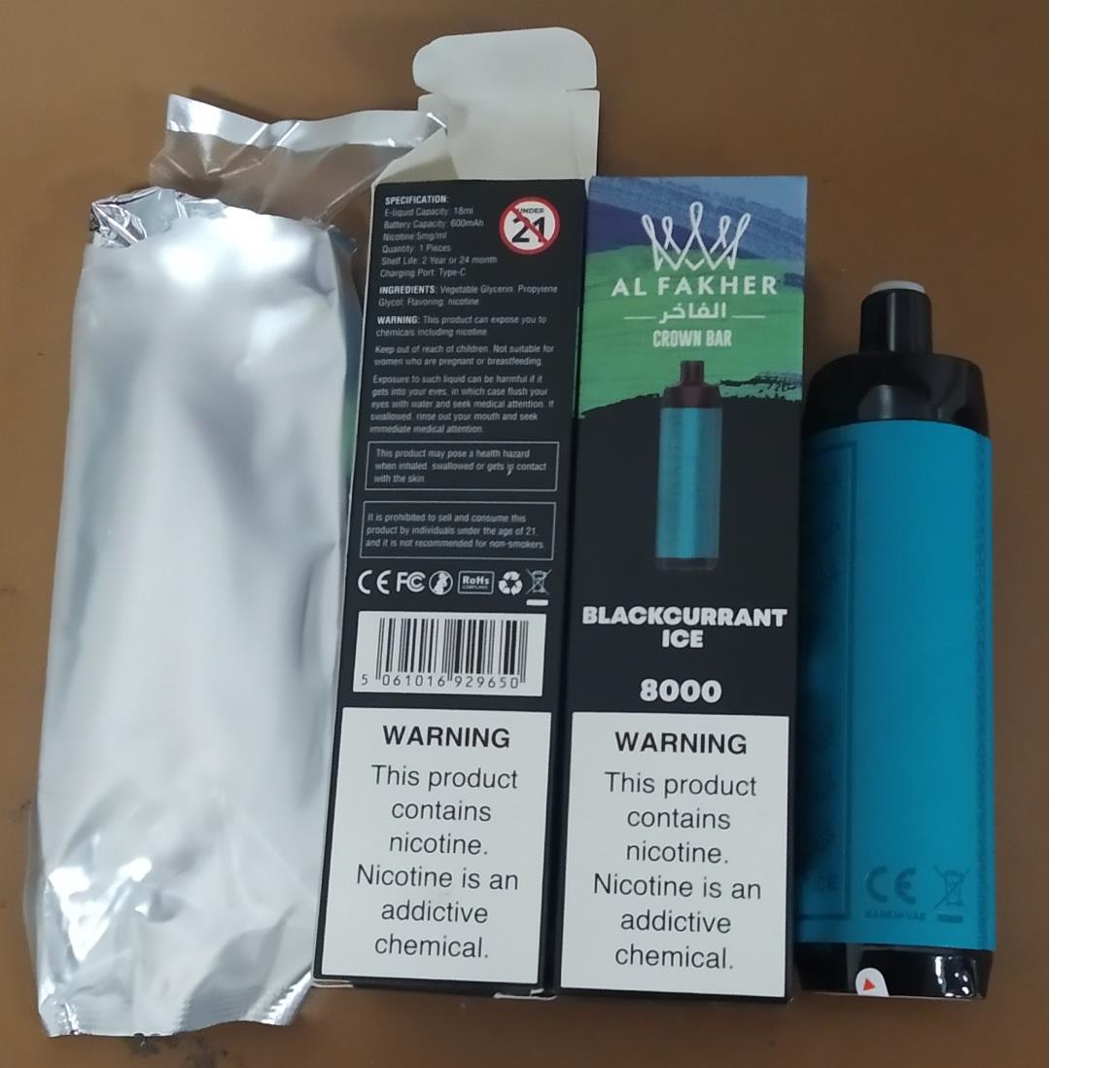 Jednorázová elektronická cigareta zn. AL FAKHER CROWN BAR 8000, BIG CLOUD, Nicotine 5mg/ml, 18 ml – 2 příchutě (BLACKCURRANT, BERRY MINT)