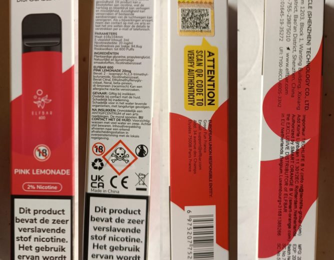 NEBEZPEČNÝ VÝROBEK: Jednorázová elektronická cigareta zn. Elfbar 600, Disposable Pod, 2% Nicotine – 1 příchuť (PINK LEMONADE)