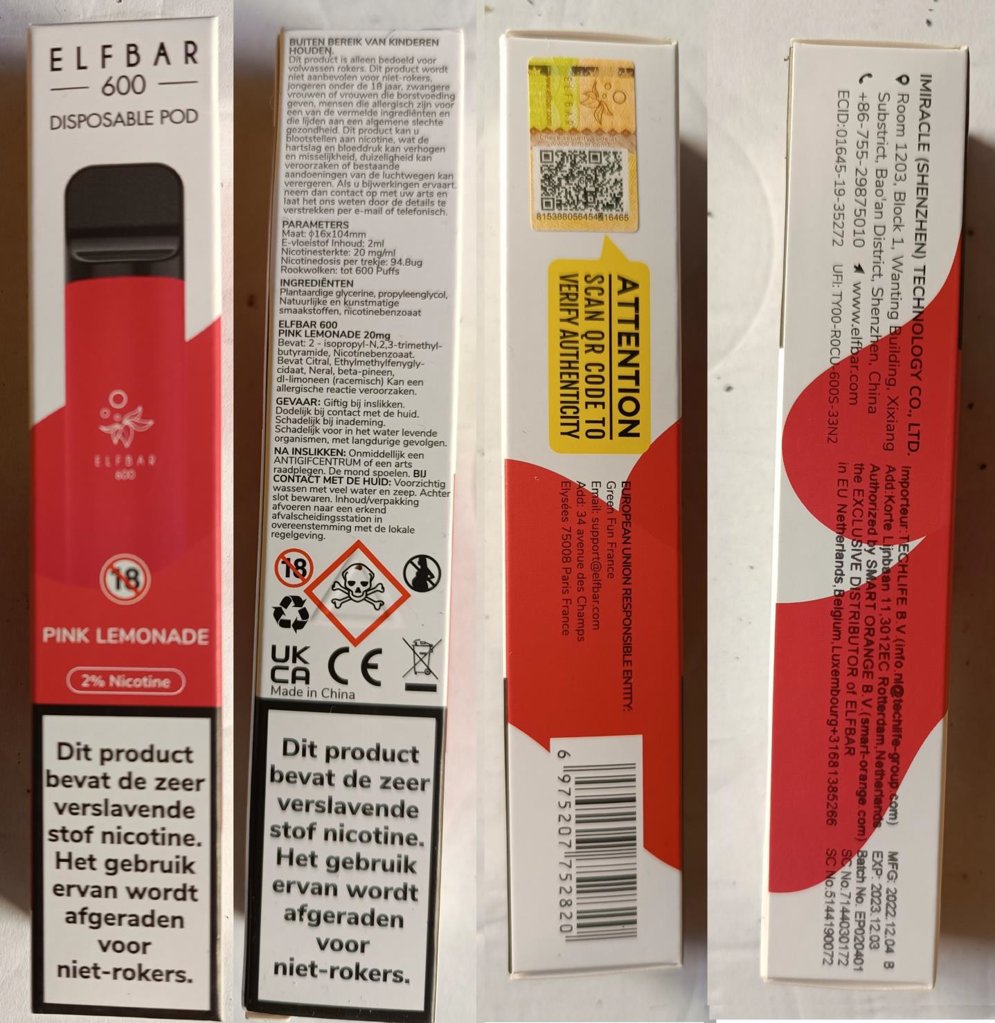 Jednorázová elektronická cigareta zn. Elfbar 600, Disposable Pod, 2% Nicotine – 1 příchuť (PINK LEMONADE)