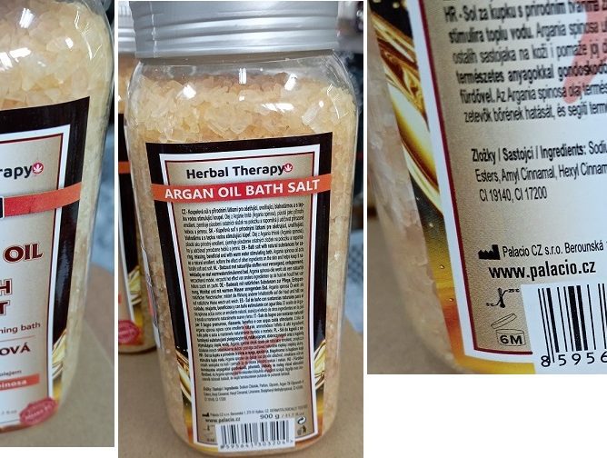 Nebezpečný výrobek: BATH SALT, ARGAN OIL, relaxing & soothing bath, KOUPELOVÁ SŮL s arganovým olejem