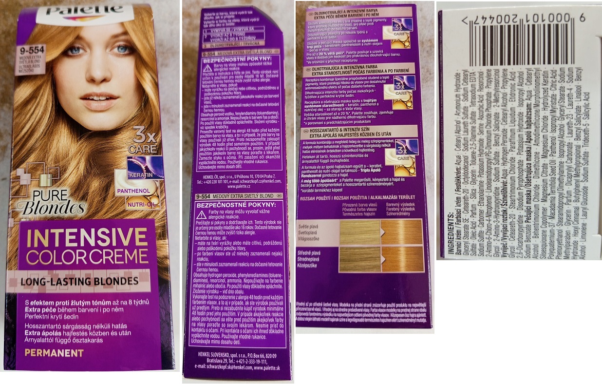 Nebezpečný výrobek: Schwarzkopf, Palette, INTENSIVE COLOR CREME, LONG-LASTING BLONDES, PURE Blondes, 9-554 MEDOVÁ EXTRA SVĚTLÁ BLOND