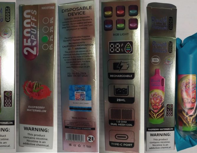 NEBEZPEČNÝ VÝROBEK: Jednorázová elektronická cigareta zn. RAHdM TORNADO 25000, NICOTINE 2%, 25 ml – 6 příchutí (BLUEBERRY RASBERRY, CHERRY, GRAPE, MIXED BERRIES, PEACH BERRY, RASBERRY WATERMELON)