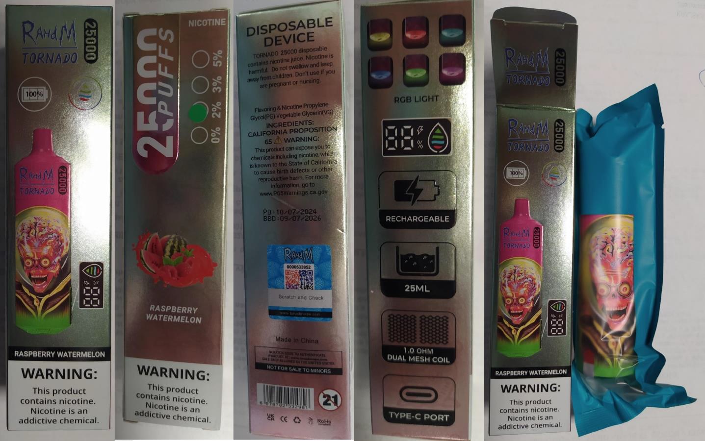 Jednorázová elektronická cigareta zn. RAHdM TORNADO 25000, NICOTINE 2%, 25 ml – 6 příchutí (BLUEBERRY RASBERRY, CHERRY, GRAPE, MIXED BERRIES, PEACH BERRY, RASBERRY WATERMELON)