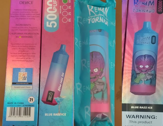 NEBEZPEČNÝ VÝROBEK: Jednorázová elektronická cigareta zn. RENdM TORNADO 50000, NICOTINE 5%, 30 ml – 2 příchutě (BLUE RAZZ ICE, BLUEBERRY ICE)
