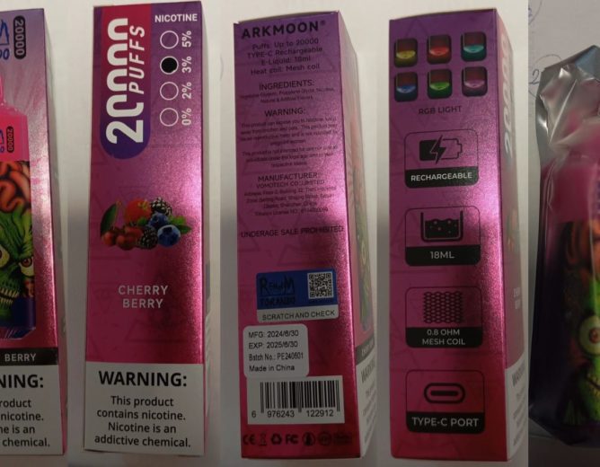 NEBEZPEČNÝ VÝROBEK: Jednorázová elektronická cigareta zn. RENdM TORANDO 20000, NICOTINE 3%, 18 ml – 9 příchutí (CHERRY BERRY, KIWI PASSION FRUIT GUAVA, MR BLUE, RASBERRY WATERMELON, STRAWBERRY BANANA, STRAWBERRY ICE, STRAWBERRY POMP, STRAWBERRY WATERMELON BUBBLEGUM, WATERMELON BUBBLE GUM)