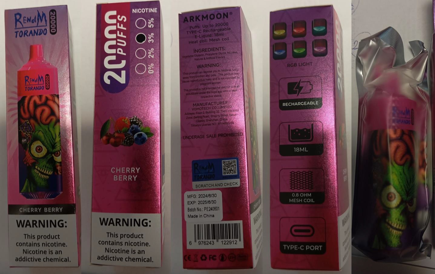 Jednorázová elektronická cigareta zn. RENdM TORANDO 20000, NICOTINE 3%, 18 ml – 9 příchutí (CHERRY BERRY, KIWI PASSION FRUIT GUAVA, MR BLUE, RASBERRY WATERMELON, STRAWBERRY BANANA, STRAWBERRY ICE, STRAWBERRY POMP, STRAWBERRY WATERMELON BUBBLEGUM, WATERMELON BUBBLE GUM)
