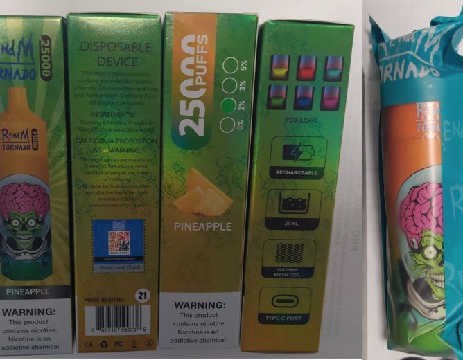NEBEZPEČNÝ VÝROBEK: Jednorázová elektronická cigareta zn. RENdM TORNADO 25000, NICOTINE 2%, 21 ml – 1 příchuť (PINEAPPLE)