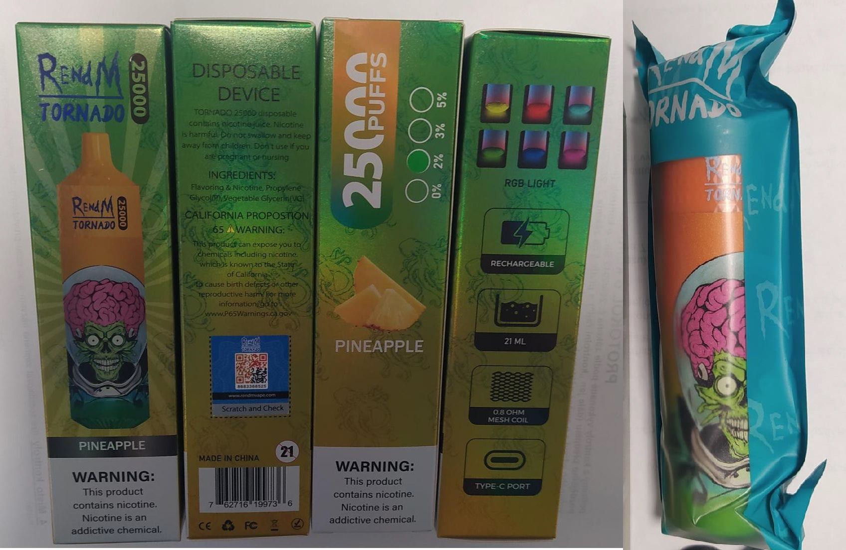 Jednorázová elektronická cigareta zn. RENdM TORNADO 25000, NICOTINE 2%, 21 ml – 1 příchuť (PINEAPPLE)