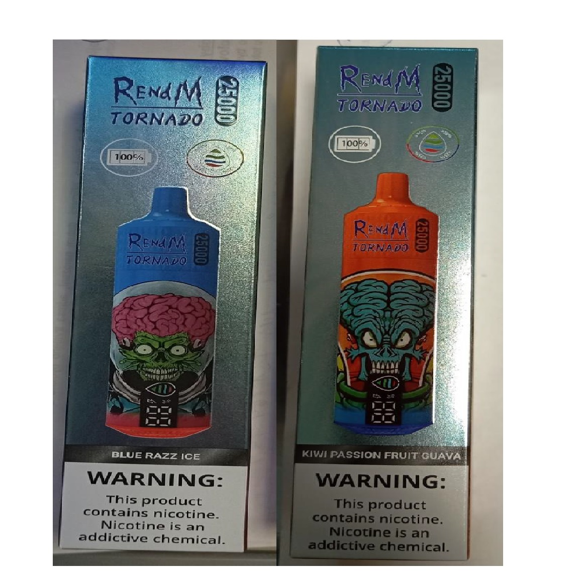 Jednorázová elektronická cigareta zn. RENdM TORNADO 25000, NICOTINE 2%, 25 ml – 2 příchutě (BLUE RAZZ ICE, KIWI PASSION FRUIT GUAVA)