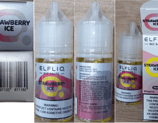 Nebezpečný výrobek: Náhradní náplň elektronické cigarety zn. ELFLIQ NIC SALTS, 50 mg/ml, 30 ml, STRAWBERRY ICE