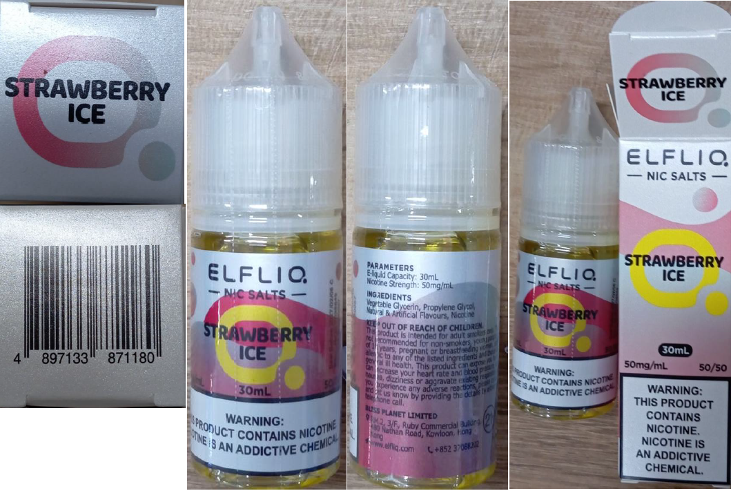Nebezpečný výrobek: Náhradní náplň elektronické cigarety zn. ELFLIQ NIC SALTS, 50 mg/ml, 30 ml, STRAWBERRY ICE