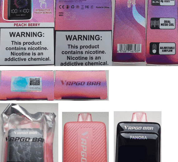 Nebezpečný výrobek: Jednorázová elektronická cigareta zn. VAPGO BAR PANORA 25000 PUFFS, Nicotine 20 mg/ml, 25 ml, příchuť Peach Berry