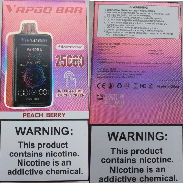 Nebezpečný výrobek: Jednorázová elektronická cigareta zn. VAPGO BAR PANORA 25000 PUFFS, Nicotine 20 mg/ml, 25 ml, příchuť Peach Berry