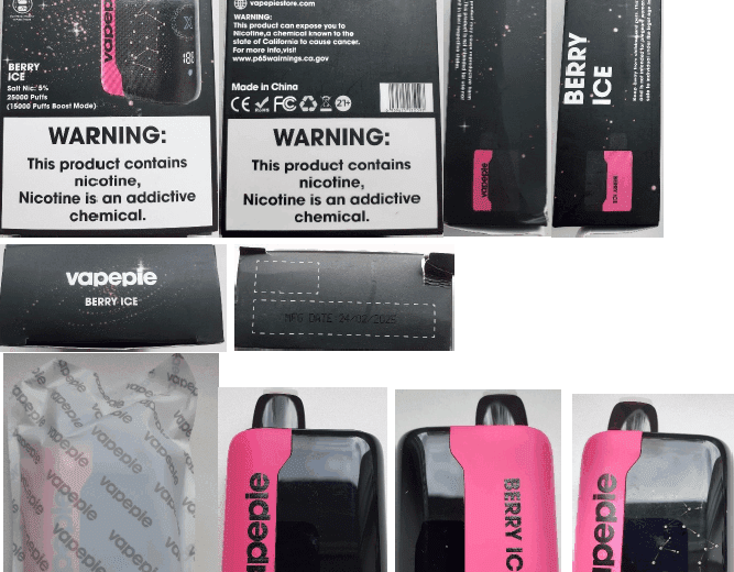 Nebezpečný výrobek: Jednorázová elektronická cigareta zn. Vapepie 25000 PUFFS, Salt Nic 5 %, 18 ml, příchuť Berry Ice