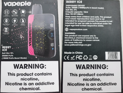Nebezpečný výrobek: Jednorázová elektronická cigareta zn. Vapepie 25000 PUFFS, Salt Nic 5 %, 18 ml, příchuť Berry Ice
