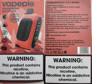 Nebezpečný výrobek: Jednorázová elektronická cigareta zn. Vapepie WT 15000 PUFFS, Salt Nic 5 %, 20 ml, příchuť Strawberry Ice Cream
