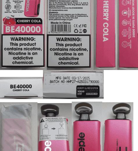 Nebezpečný výrobek: Jednorázová elektronická cigareta zn. Vapepie BE 40000 PUFFS, Salt Nic 5 %, 25 ml, příchuť Cherry Cola