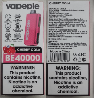 Nebezpečný výrobek: Jednorázová elektronická cigareta zn. Vapepie BE 40000 PUFFS, Salt Nic 5 %, 25 ml, příchuť Cherry Cola