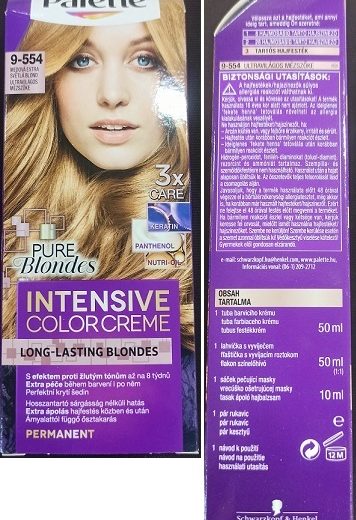 Nebezpečný výrobek: Barva na vlasy Schwarzkopf, Palette, INTENSIVE COLOR CREME, LONG-LASTING BLONDES, PURE Blondes, 9-554 MEDOVÁ EXTRA SVĚTLÁ BLOND