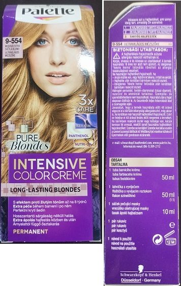 Nebezpečný výrobek: Schwarzkopf, Palette, INTENSIVE COLOR CREME, LONG-LASTING BLONDES, PURE Blondes, 9-554 MEDOVÁ EXTRA SVĚTLÁ BLOND