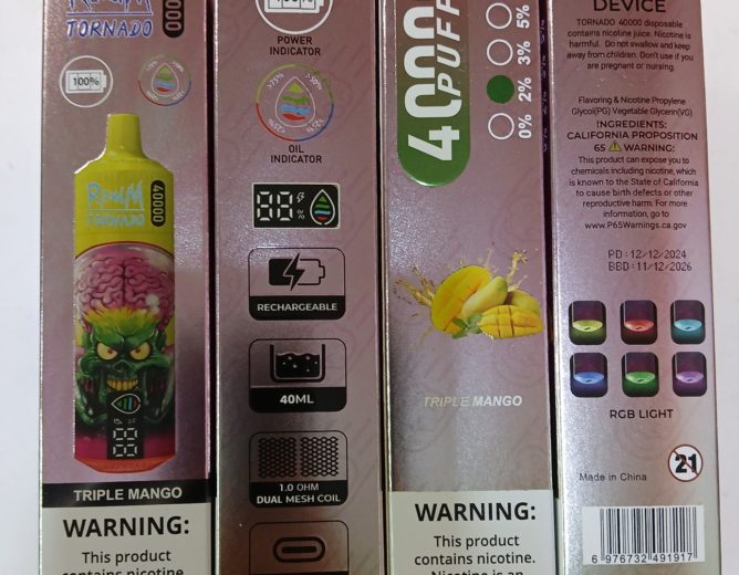 Nebezpečný výrobek: Jednorázová elektronická cigareta zn. REndM TORNADO 40 000, 2 % nicotine, 40 ml