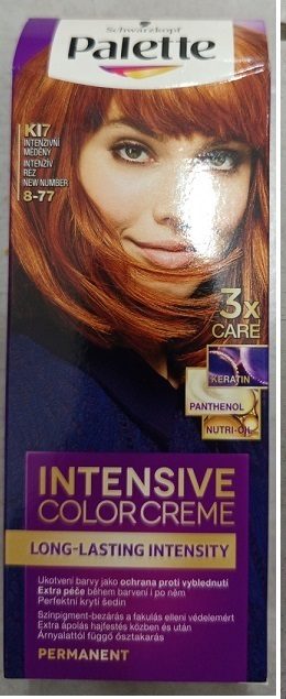Nebezpečný výrobek: Schwarzkopf, Palette, INTENSIVE COLOR CREME, LONG-LASTING INTENSITY, KI7 INTENZIVNÍ MĚDĚNÝ 8-77