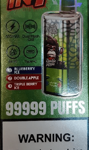 Nebezpečný výrobek: Jednorázová elektronická cigareta se 3 náplněmi zn. RENdM Tornado 99999 3in1, 54 ml, 50 mg/ml nikotinu, příchuť Blueberry Ice, Double Apple, Tripple Berry Ice