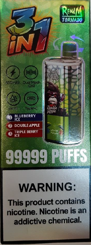 Jednorázová elektronická cigareta se 3 náplněmi zn. RENdM Tornado 99999 3in1, 54 ml, 50 mg/ml nikotinu, příchuť Blueberry Ice, Double Apple, Tripple Berry Ice