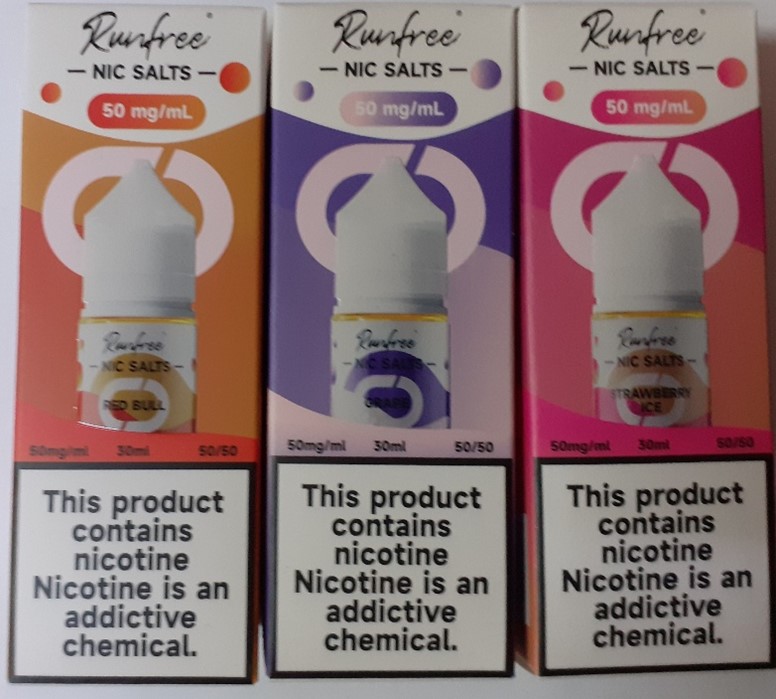 náhradní náplň do elektronické cigarety Runfree, nic salts, 50 mg/ml, e-liquid, různé příchutě50 mg/ml, 30 ml, 50/50