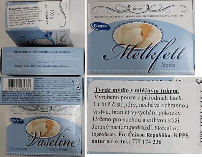 Nebezpečný výrobek: Kappus, Vaseline soap•savon, Melkfett Seife, Tvrdé mýdlo s mléčným tukem