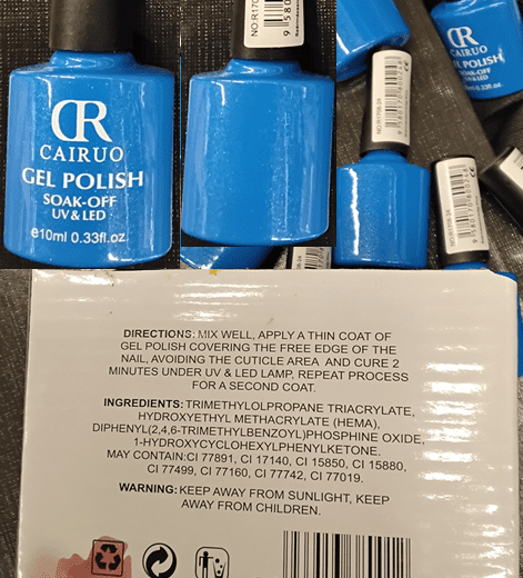 Nebezpečný výrobek: CR, CAIRUO, GEL POLISH, SOAK – OFF, UV & LED, 01, 04, 13, 16, 18, 19, 22, 24, 29, 30, 32, 35, 43, 47, 54, 56, 60, 62, 64, 65, 78, 85, 89, 99, 110, 114, 119, 126, 132, 142, 149, 155, 165, 174, 181, 184