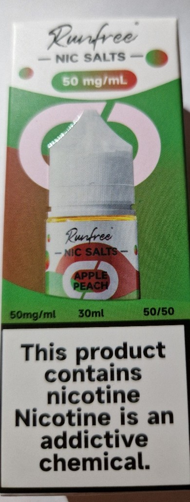 Náhradní náplň do elektronických cigaret zn. Runfree, NIC SALTS, koncentrace nikotinové soli, 50 mg/ml, objem náplně, 30 ml