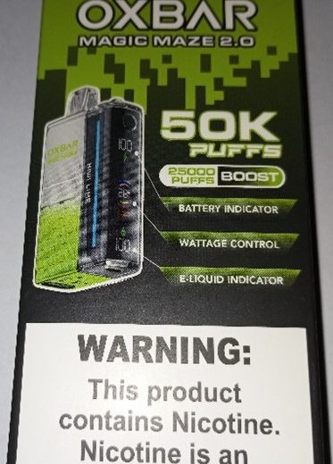 Nebezpečný výrobek: Jednorázová elektronická cigareta zn. OXBAR, MAGIC MAZE 2.0, 50K PUFFS, 25000 PUFFS BOOST, 5 % NICOTINE, objem, 28 ml, 7 příchutí