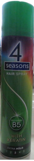 Nebezpečný výrobek: 4 seasons, HAIR SPRAY, PRO-VITAMIN B5, WITH KERATIN, EXTRA HOLD