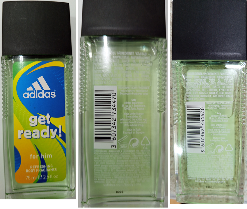 Kosmetický přípravek – parfémovaný deodorant s rozprašovačem ve skleněném průhledném flakonu obdélníkového tvaru s výrazným vroubkováním po obou stranách s černým plastovým uzávěrem, o nominálním obsahu 75 ml.