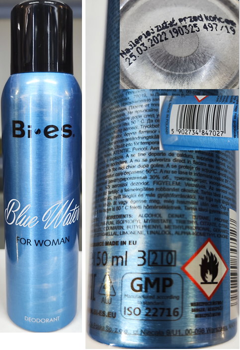 Jedná se o deodorant v modrém hliníkovém oválném obalu ve spreji, o obsahu 150 ml, s černým plastovým uzávěrem.