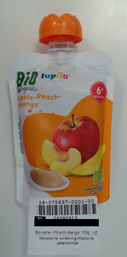 VAROVÁNÍ PŘED KONZUMACÍ POTRAVINYBio/Organic Apple-Peach-Mango, 6+ months“, zn. Lupilu, hm. balení 100 g