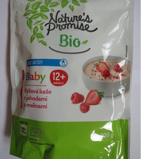 VAROVÁNÍ PŘED KONZUMACÍ POTRAVINY Bio Rýžová kaše s jahodami a malinami Nature’s Promise, pro děti od 12 měsíců